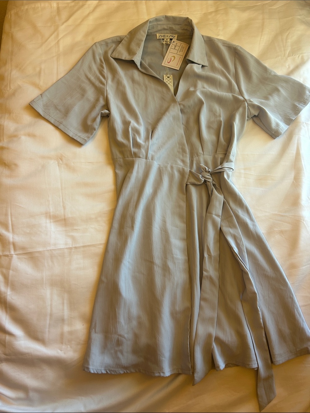 She + Sky Pale Blue Short Sleeve Wrap Dress with Tie Waist